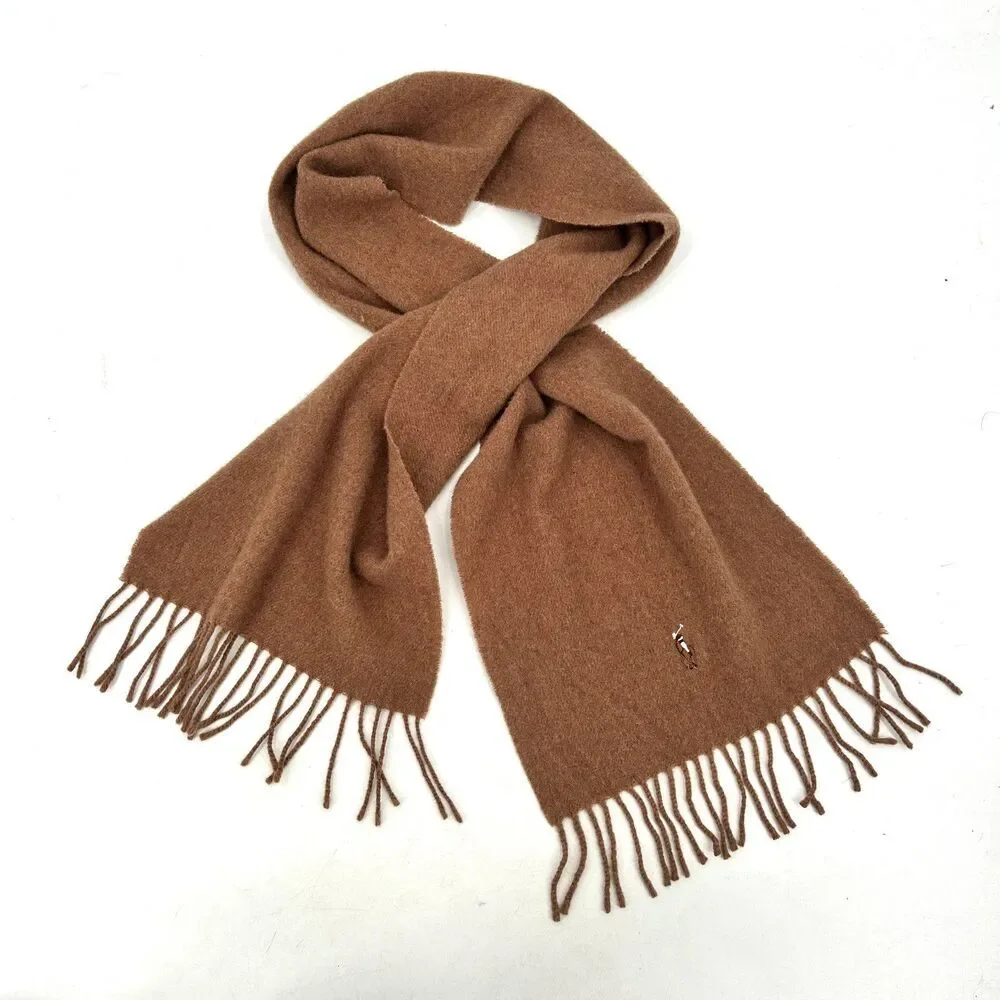 POLO RALPH LAUREN Vintage Brown 100% Lambs Wool Embroidered Pony Fringe Scarf